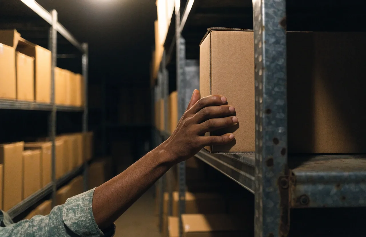 Stacked plain cartons and a hand truck at a Makassar delivery bay under a warm evening sky