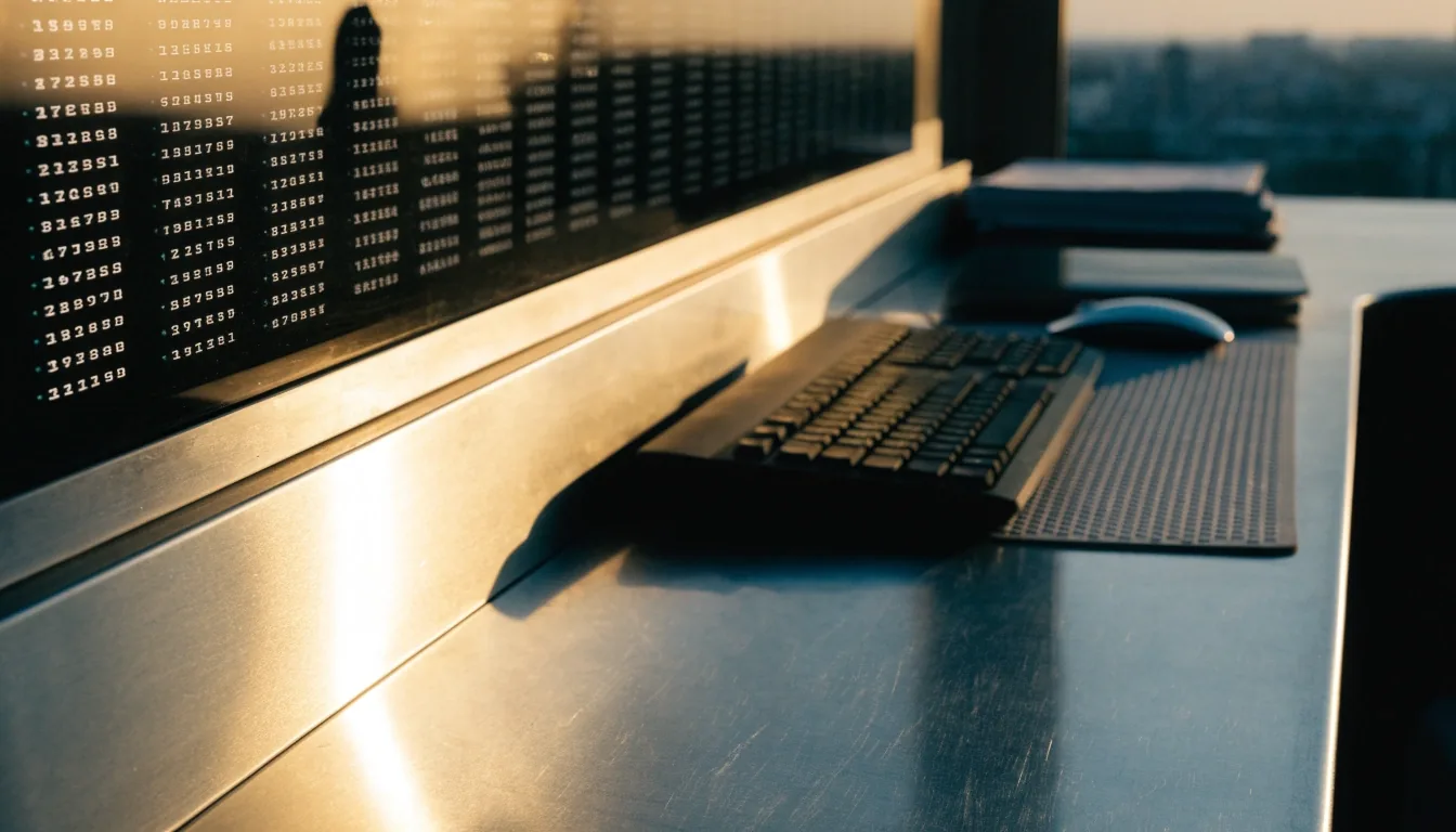 Editorial desk surface at dusk with a warm low sun raking across brushed metal
