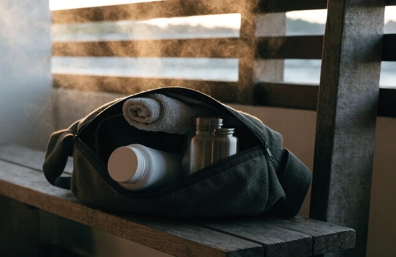 A plain supplement bottle placed beside a water glass and folded towel on a sunlit concrete windowsill
