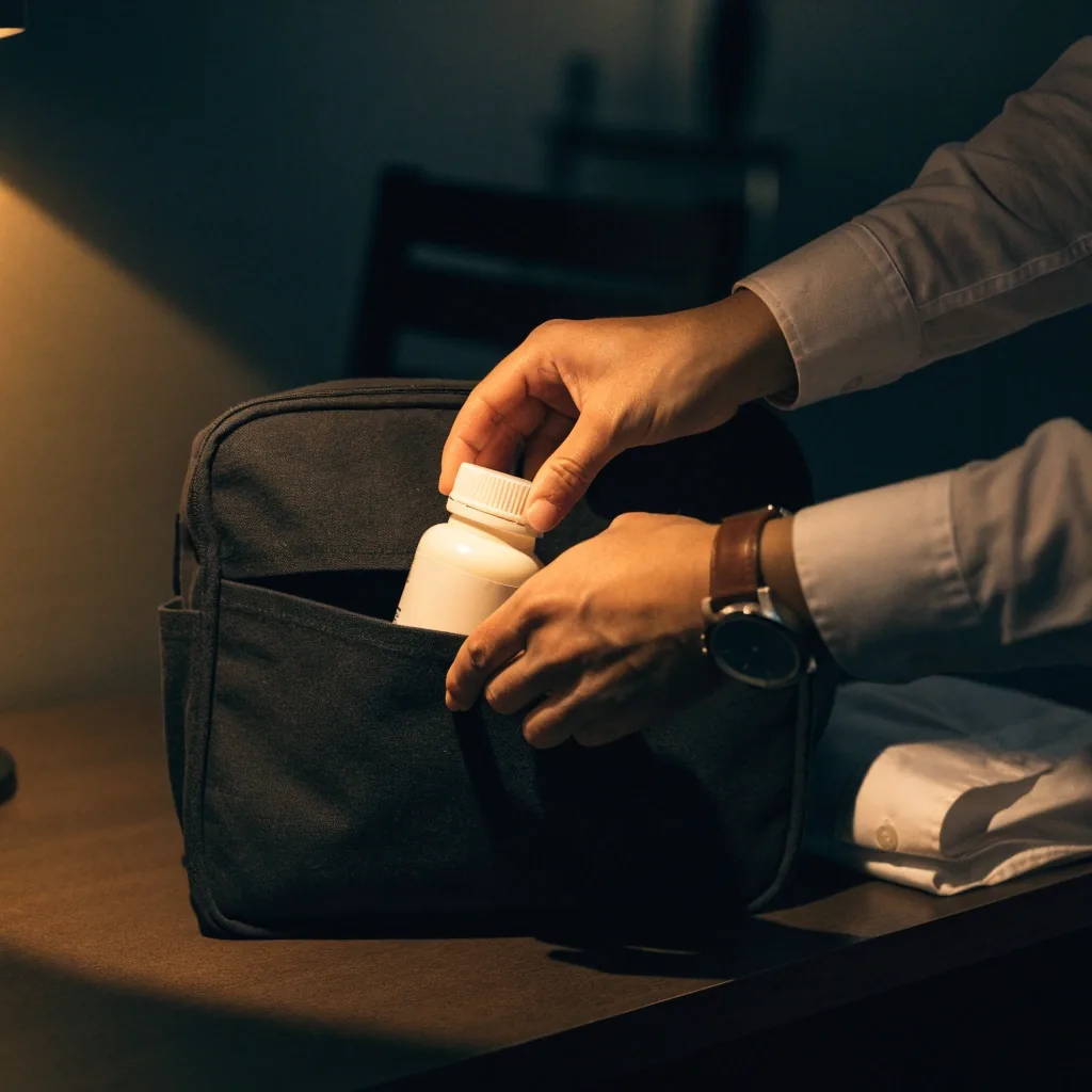 Hands packing a plain supplement bottle into a dark canvas work bag on a hotel desk under warm lamp light