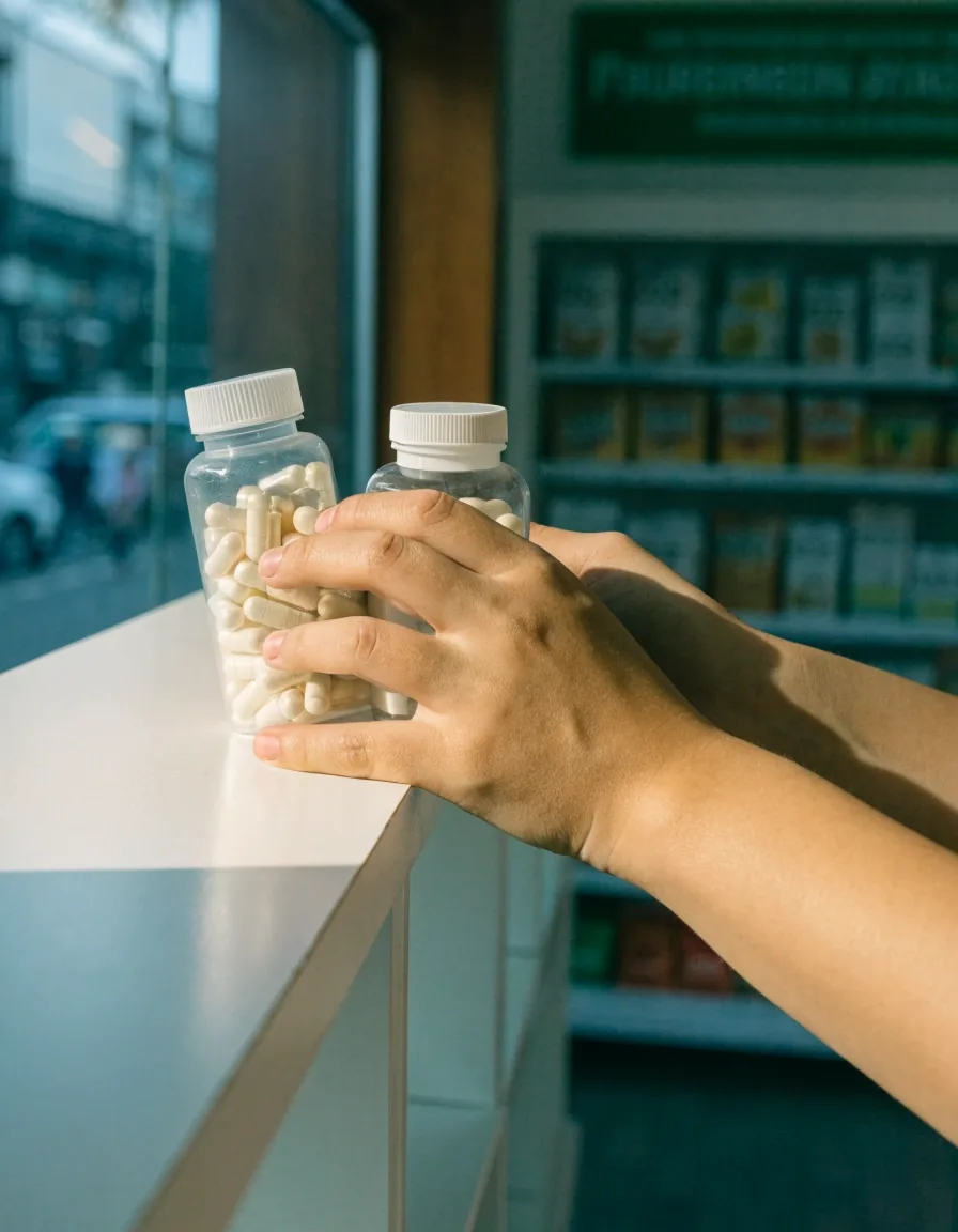 Hands lifting two plain supplement bottles from a white pharmacy shelf in daylight, labels turned away from the camera