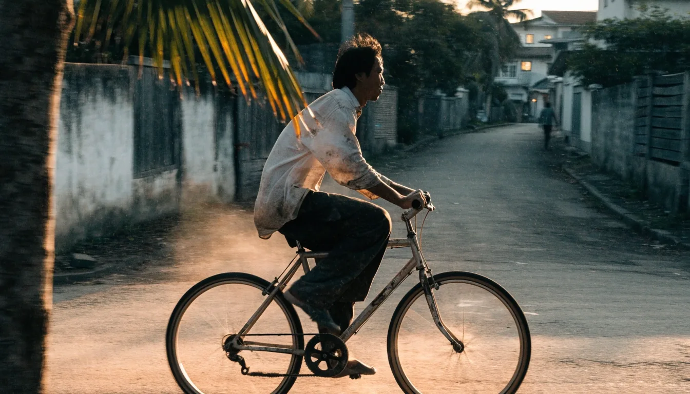 A man in work clothes walking a Makassar street in early morning light