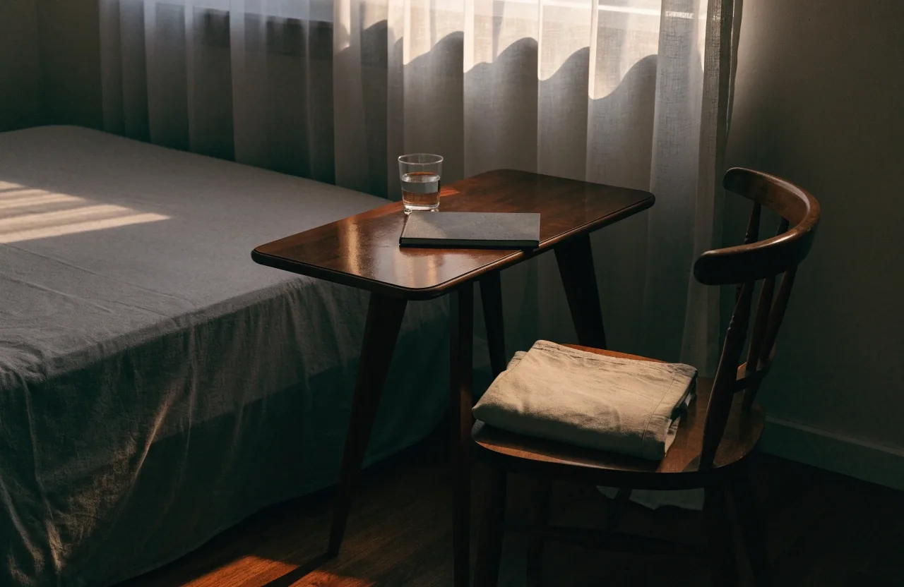Morning light across a made bed in a Makassar home, side table with water glass