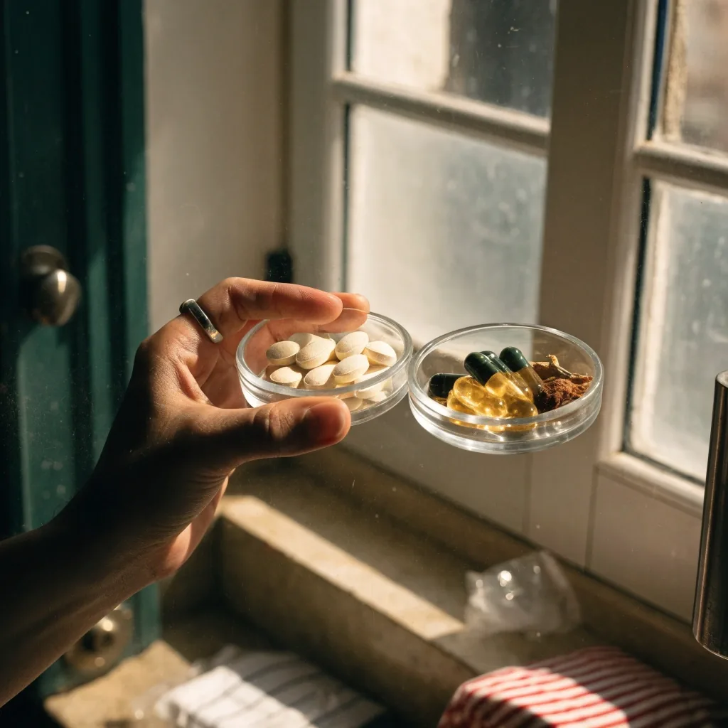 Natural capsules and mineral granules for men's vitamin formulas spread on a matte surface in warm daylight