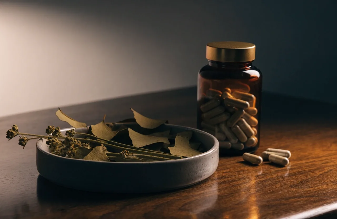 Unbranded supplement bottles and loose capsules on a dark wooden desk under warm lamplight