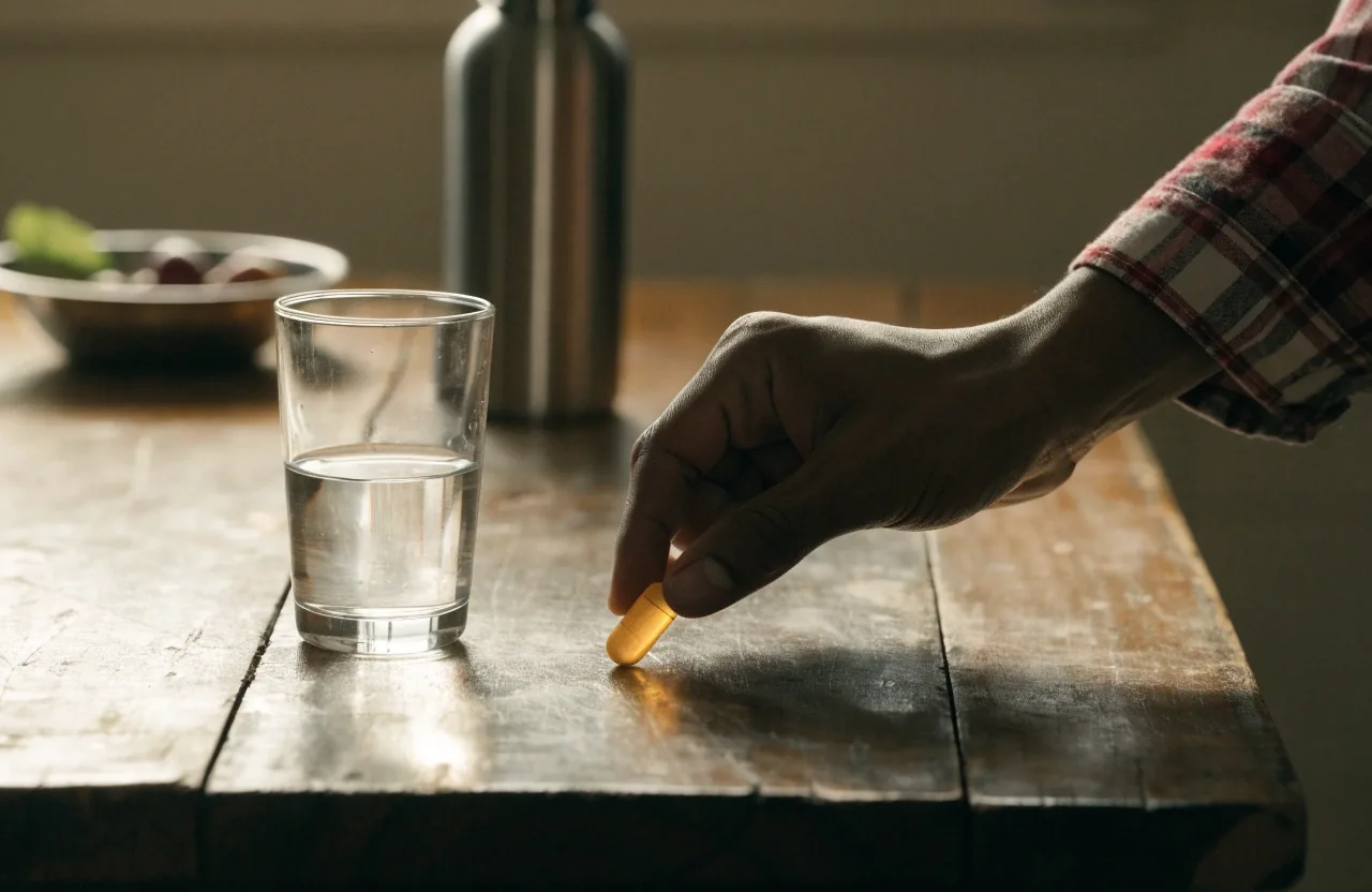 Morning kitchen counter with a small dish of unlabelled capsules, a glass of water and a set of keys