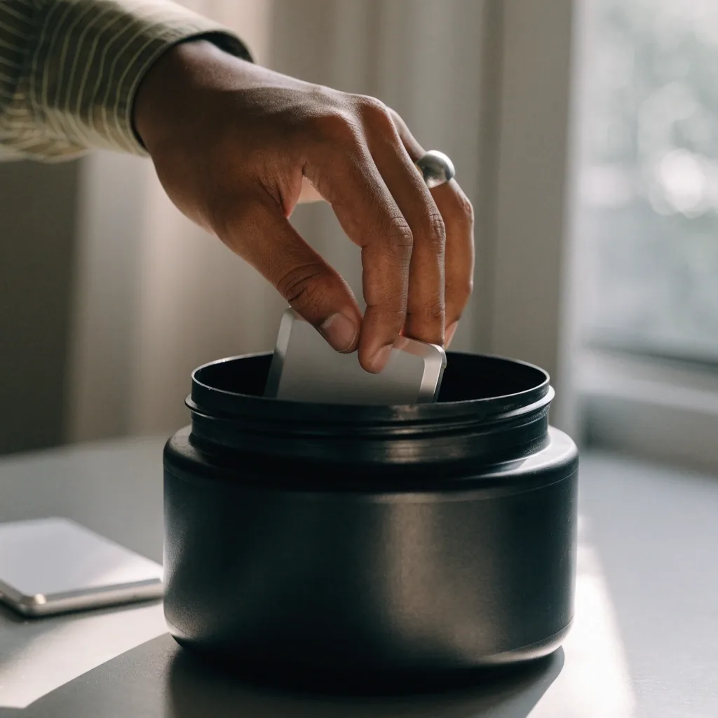 Unlabelled white tablets beside an open matte black jar on a light grey desk under warm window light